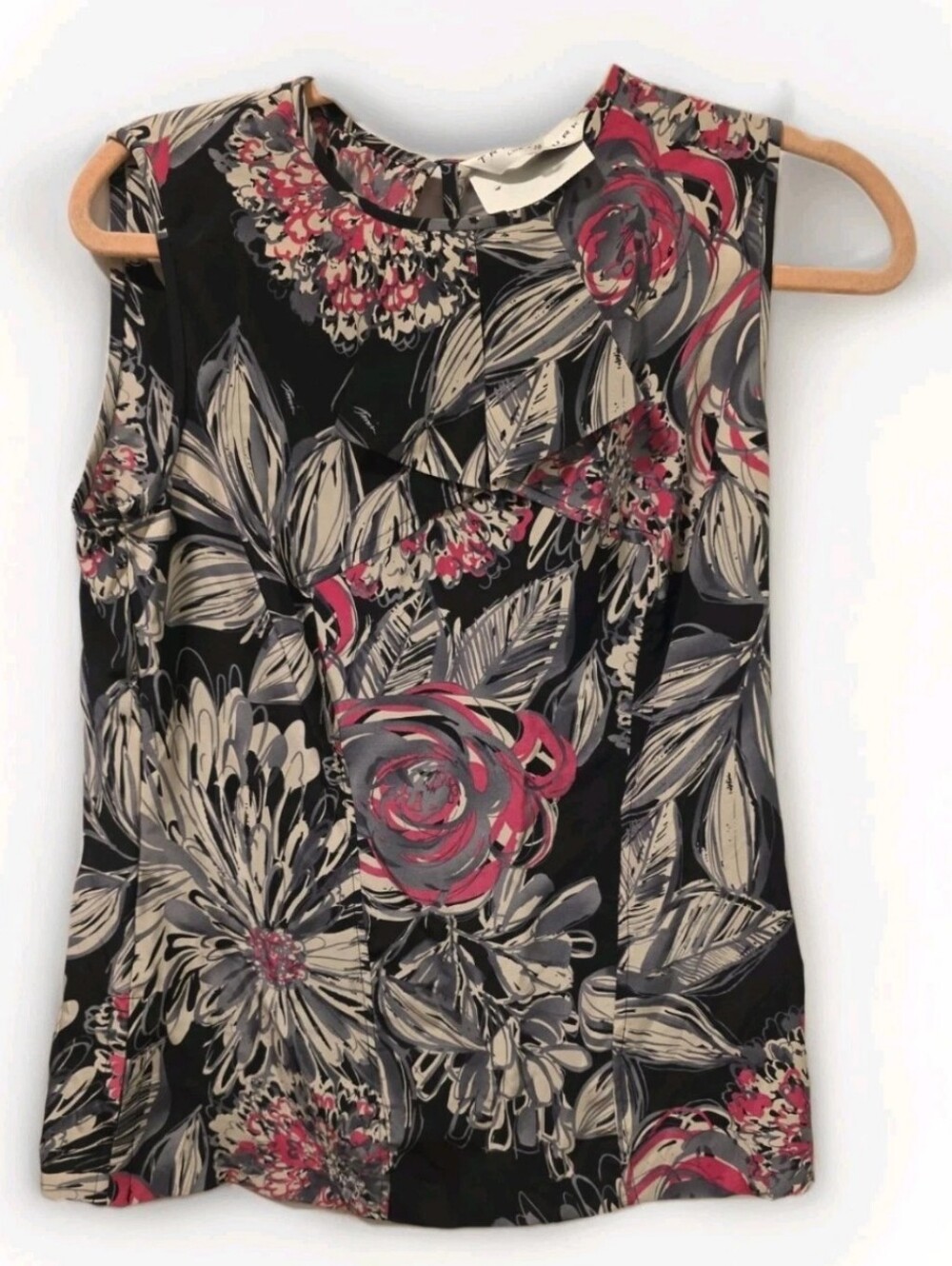 TRINA TURK $206 Black Gray Pink Print 100% Silk Sleeveless Top Blouse - 10- Euc